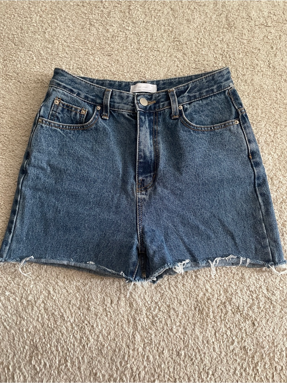OAK + FORT Indigo Raw-Hem High-Rise Denim Shorts